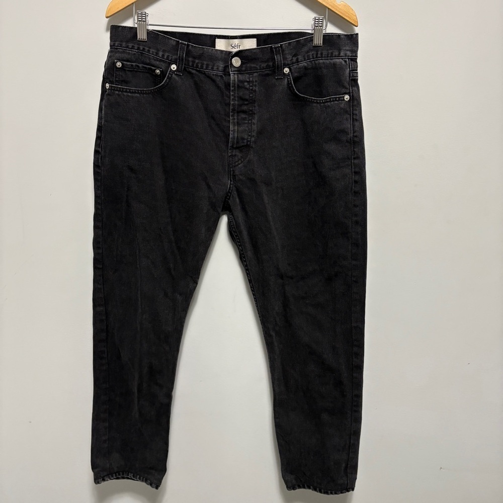 Sefr Jeans Mens 33 (Actual 34x26) Black Hemmed Straight Cut Button Fly Denim